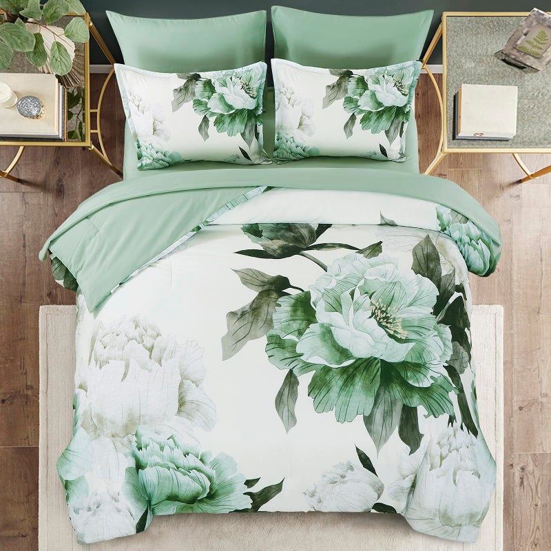 Dobuyly طقم لحاف Dobuyly Green Queen مكون من 7 قطع سرير في حقيبة طقم لحاف مطبوع عليه زهور خضراء من Queen Sage مع ملاءات ناعمة من الألياف الدقيقة وزهرة نباتية كاملة طقم سرير كامل لجميع المواسم - Image 3
